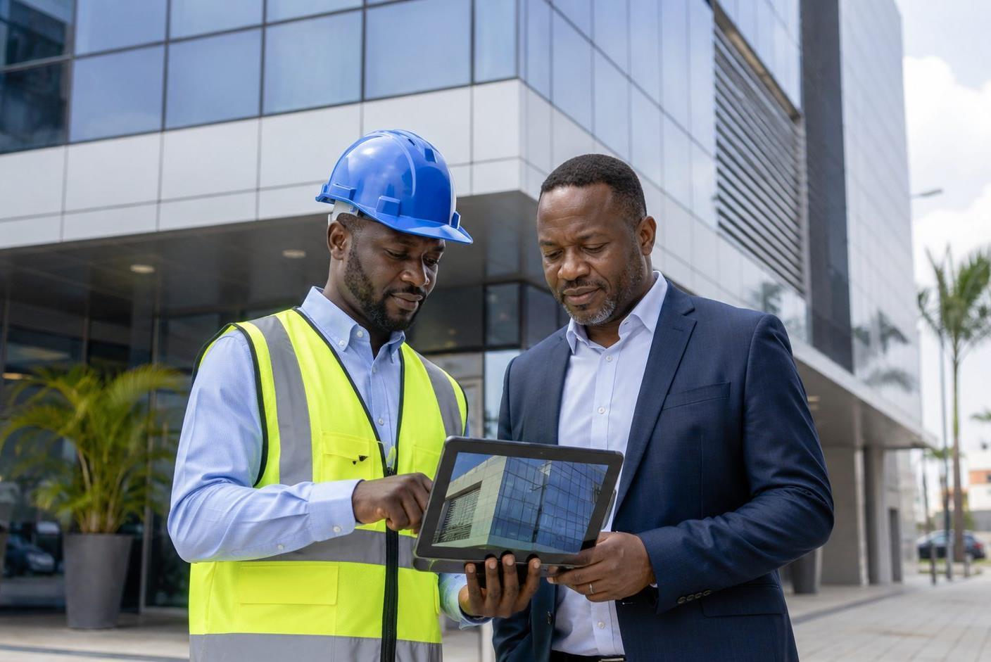 Two building professionals reviewing exterior information on a tablet