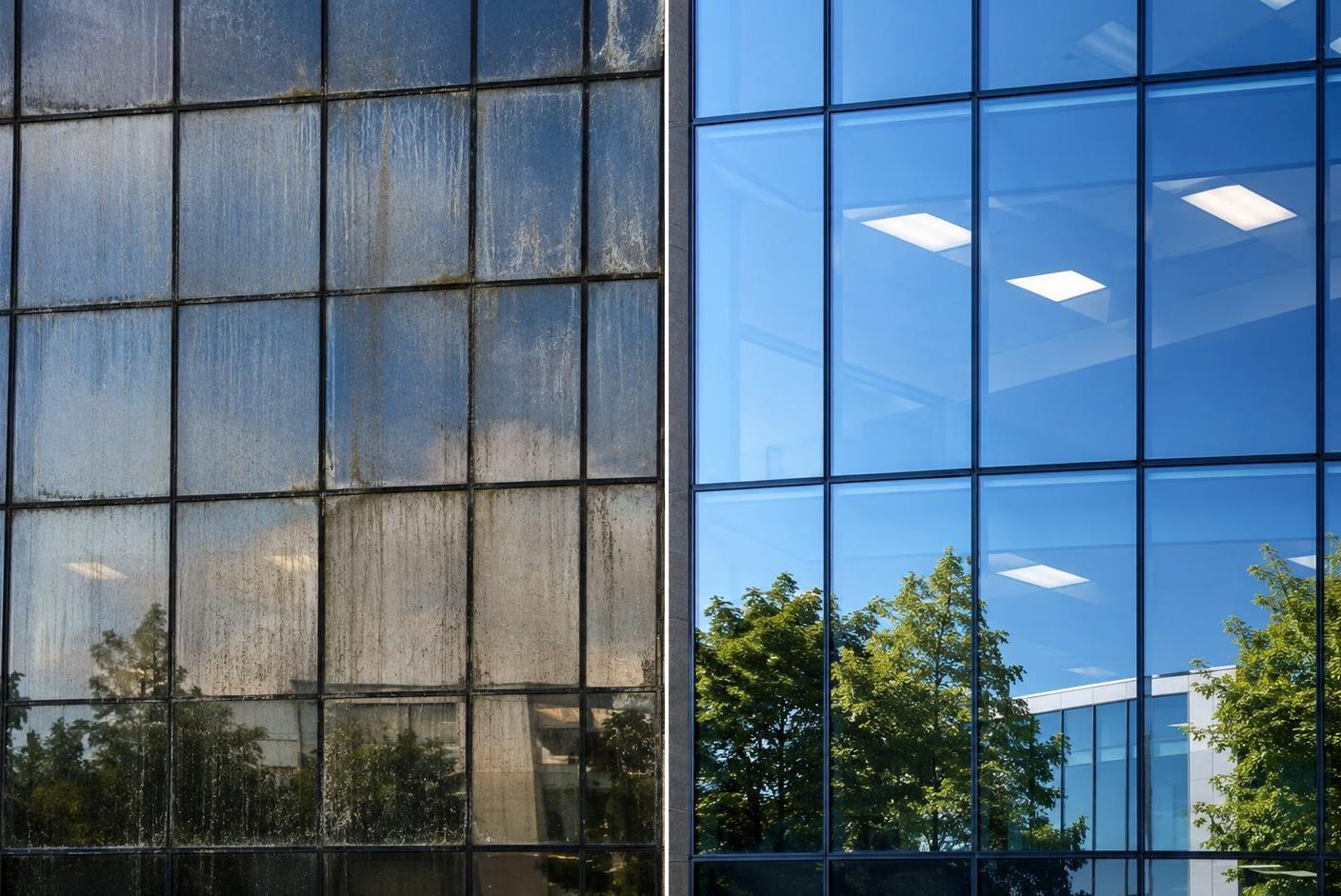 A weathered glazed façade beside a clean reflective glazed façade